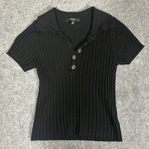 Papaya Ribbed Knit Polo‎ Top S Black Short Sleeve Button Front Collar